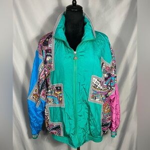 Vtg Casual Isle Women's Green Pink Nylon Jacket Windbreaker Retro 80s 90s Med